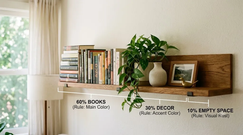 Bookshelf demonstrating the 60-30-10 design rule: 60 percent books, 30 percent decor, 10 percent empty space