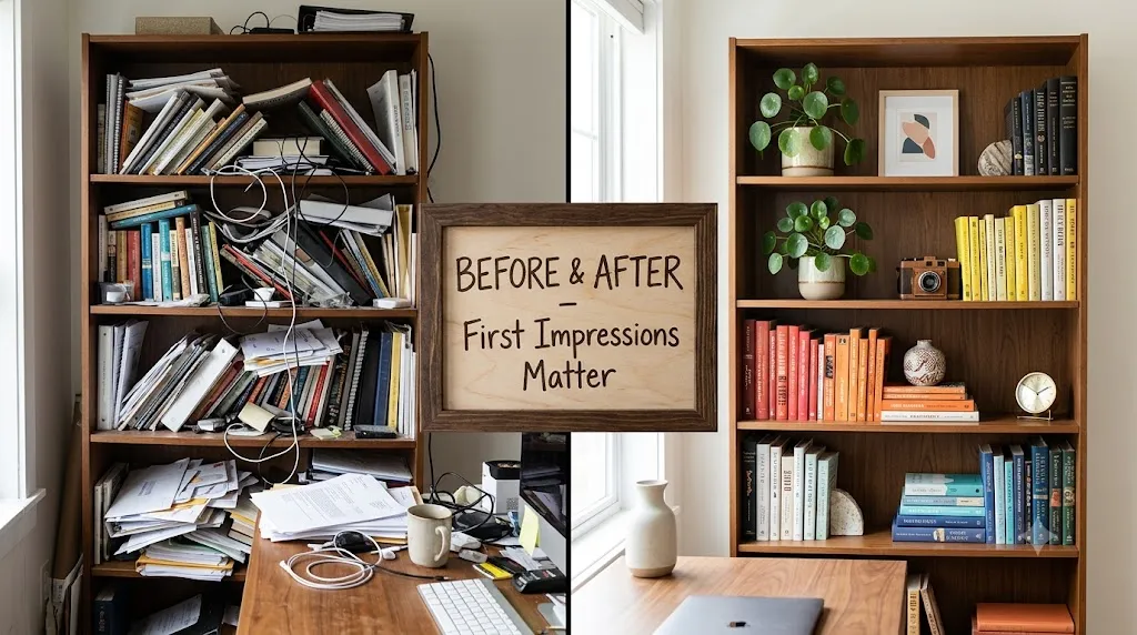 Before and after comparison showing a cluttered versus a styled bookshelf video call backdrop