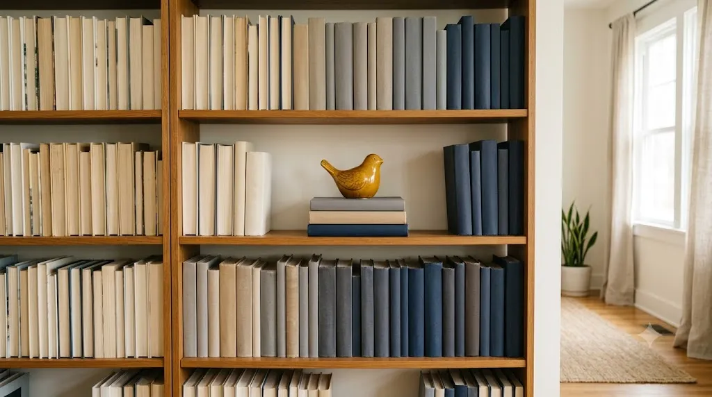 Bookshelf with coordinated neutral-toned book spines and decor for a clean on-camera look