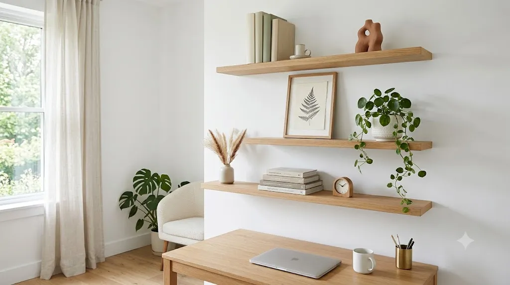 Minimalist floating shelves styled with books, a trailing plant, and a framed print