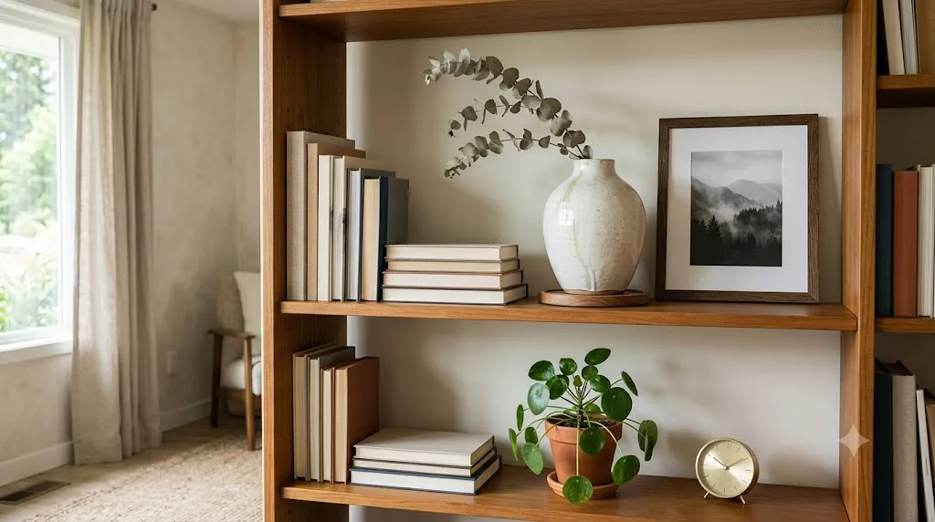 Bookshelf with a few large statement decor items instead of many small knick-knacks